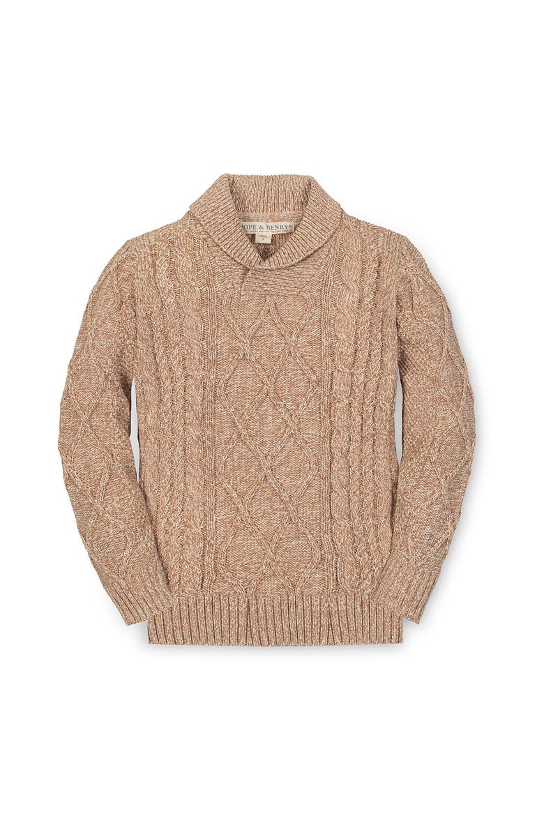 Kids' Organic Long Sleeve Shawl Collar Cable Sweater, Main, color, Camel Heather