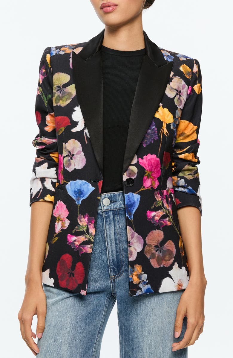 Alice + Olivia Hundley Floral Single Breasted Velvet Blazer, Main, color, 