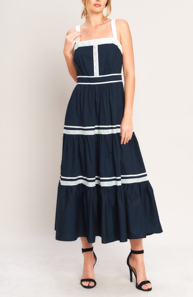 FLYING TOMATO Two Tone Sleeveless Tiered Maxi Dress, Alternate, color, Navy/ White