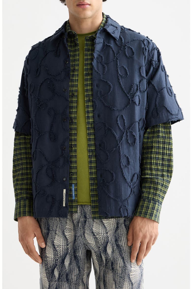 Oversize Textured Short Sleeve Cotton Blend Button-Up Shirt, Main, color, SKY CAPTAIN