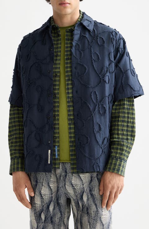 Oversize Textured Short Sleeve Cotton Blend Button-Up Shirt