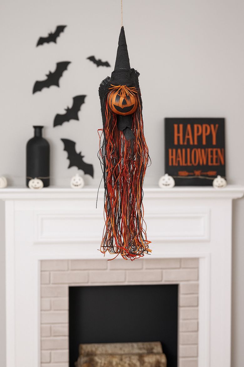 Hanging Halloween Witch Jack O' Lantern Head Indoor Figurine, Alternate, color, Orange