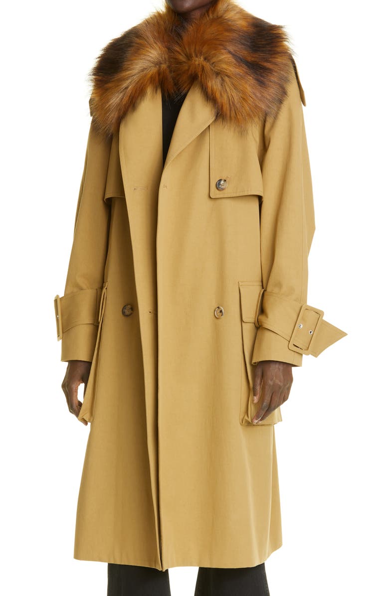 Khaite Nedding Double Breasted Trench Coat with Removable Faux Fur Collar, Alternate, color, 