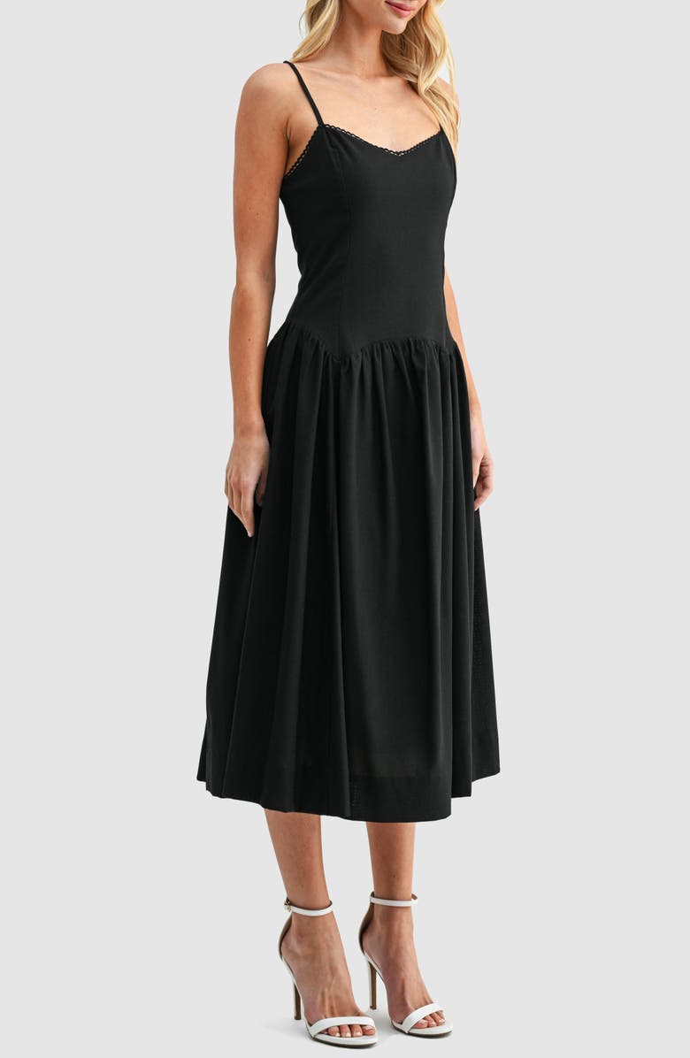 All in Favor Drop Waist Cotton & Linen Midi Dress, Alternate, color, Black
