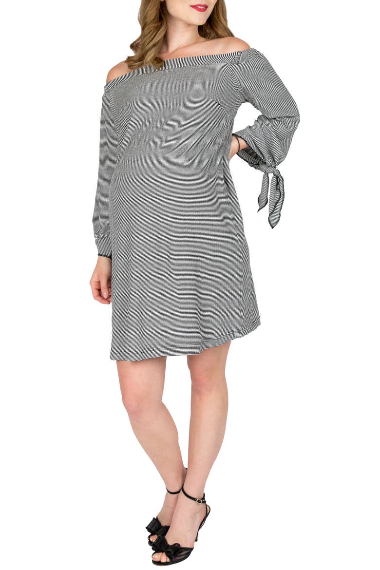 Octavia Off The Shoulder Maternity Dress, Main, color, BLACK WHITE STRIPE