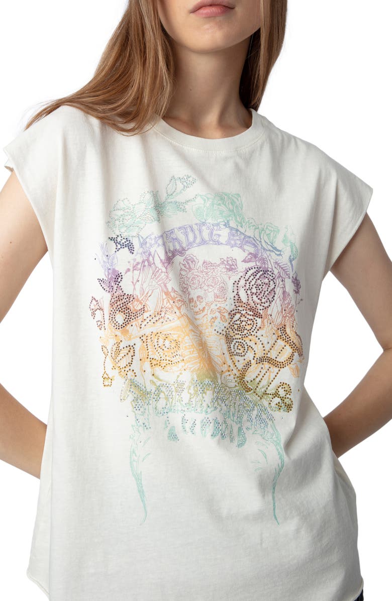 Zadig & Voltaire Cecilia Skull Reaper Strass Embellished Organic Cotton Graphic T-Shirt, Alternate, color,