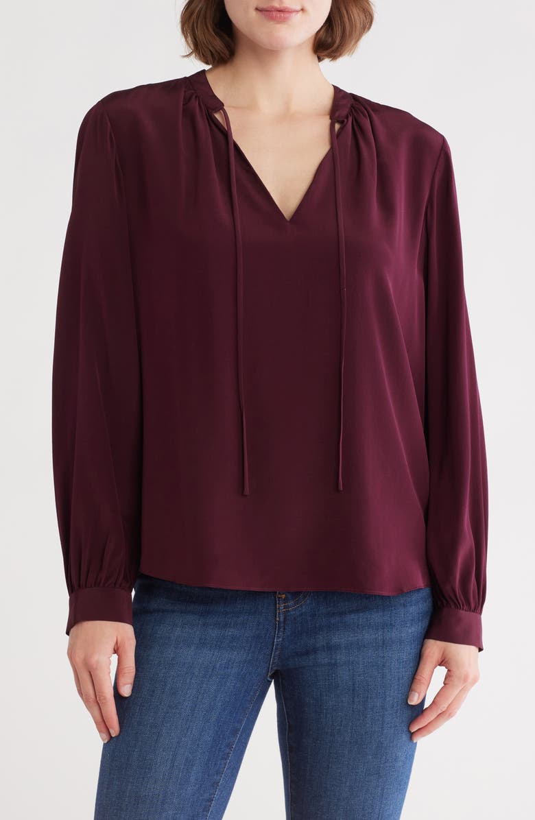 FRAME Shirred Long Sleeve Silk Top, Main, color, Wine