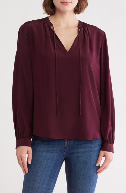 Shirred Long Sleeve Silk Top