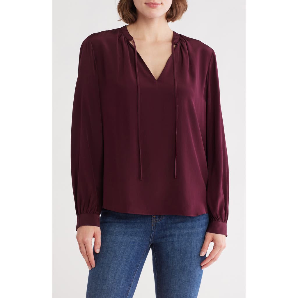 Frame Shirred Long Sleeve Silk Top