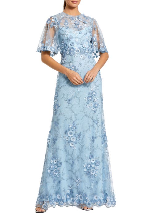 Petite Flutter Sleeve Floral Embroidered Net Gown