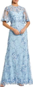 Mac Duggal Petite Flutter Sleeve Floral Embroidered Net Gown