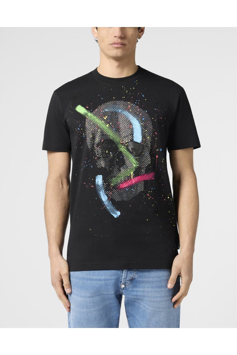 Round Neck T-Shirt Paint Splash Skull Men, Main, color, black