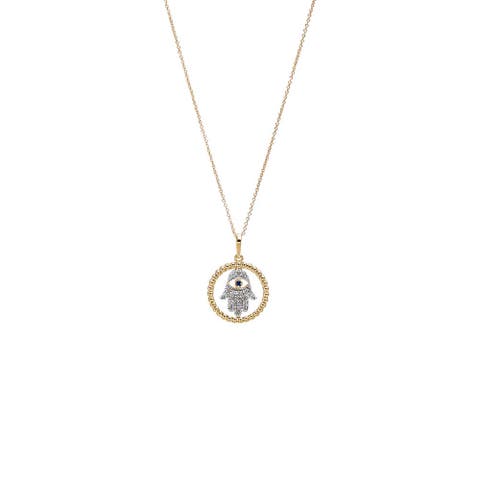 Diamond Hamsa Hand Evil Eye Charm Necklace 14K