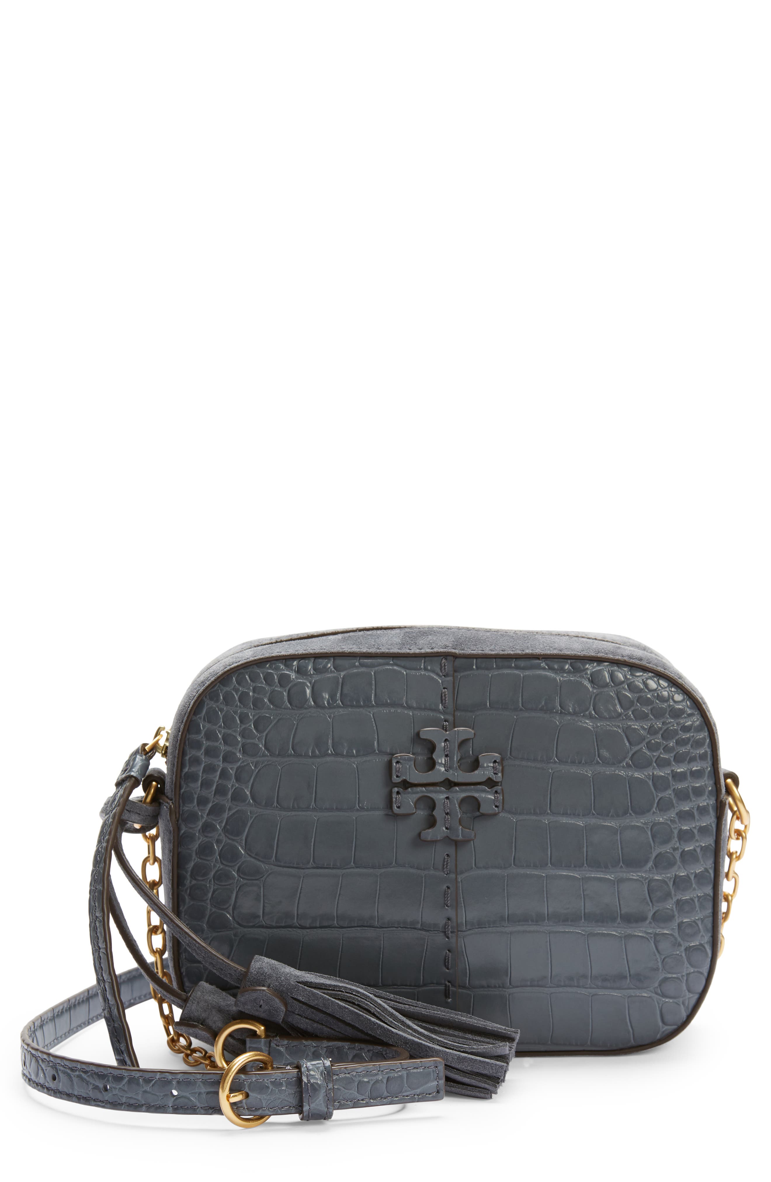 Tory Burch McGraw Croc Embossed Leather Camera Bag, Main, color, 