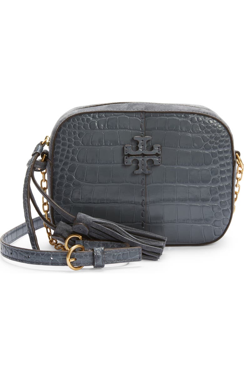 Tory Burch McGraw Croc Embossed Leather Camera Bag, Main, color,