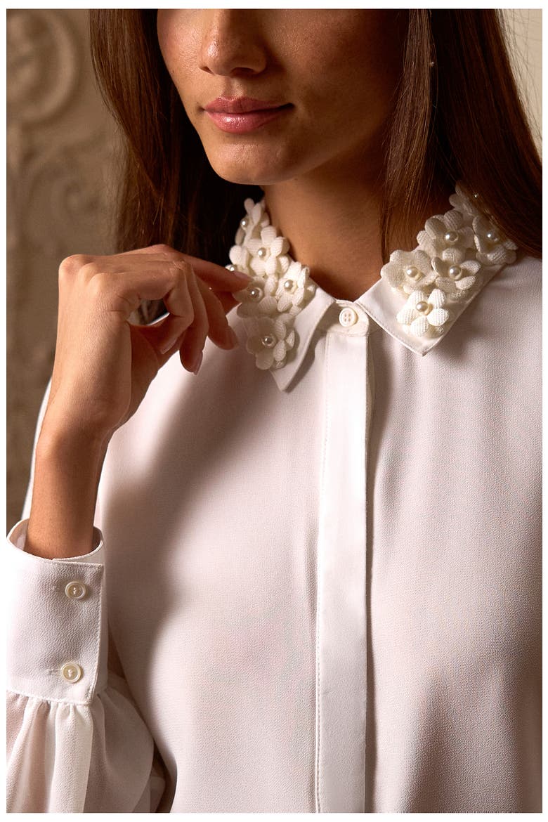 Pearly Flower Appliqué Georgette Button-Up Shirt, Alternate, color, NEW IVORY WHITE