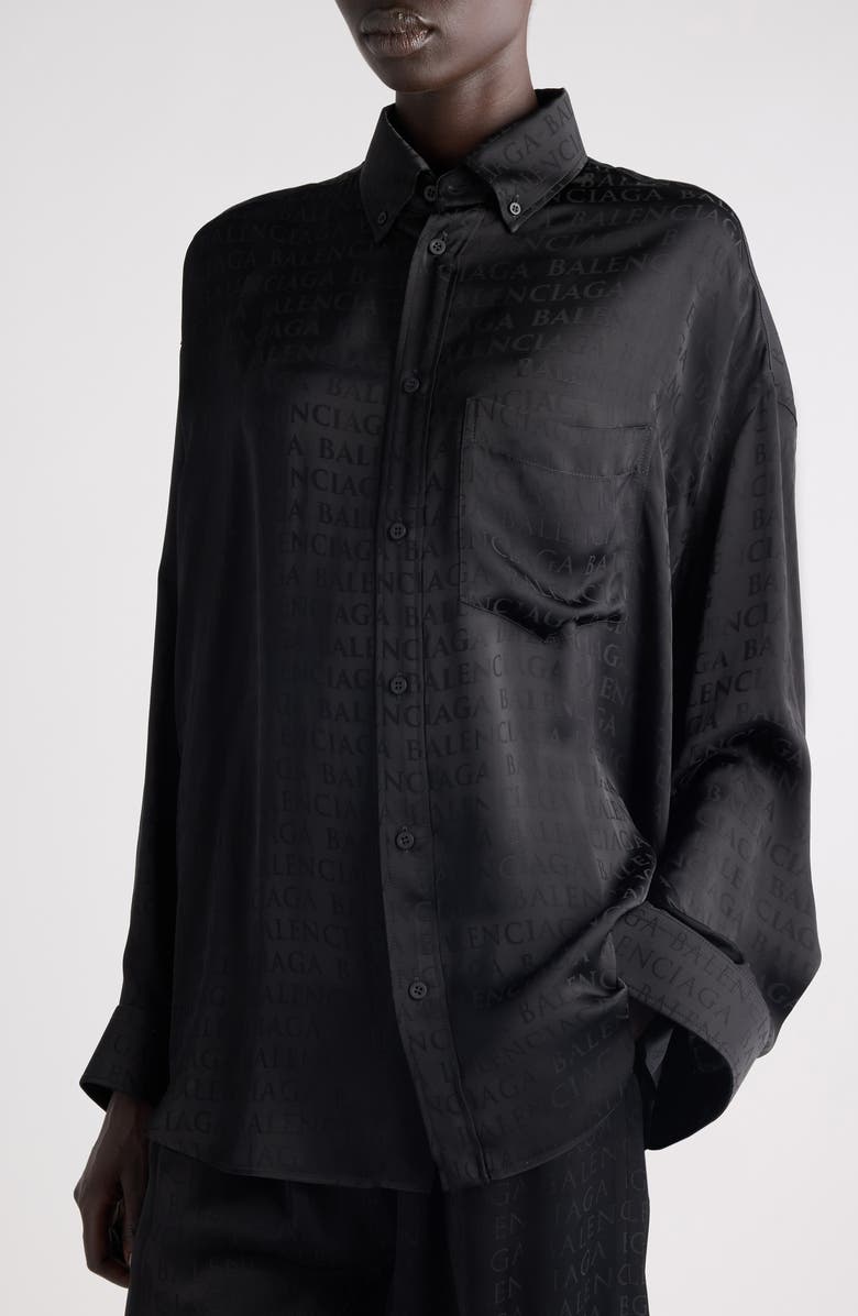 Balenciaga Cocoon Logo Jacquard Oversize Satin Button-Up Shirt, Alternate, color, 1000 Black