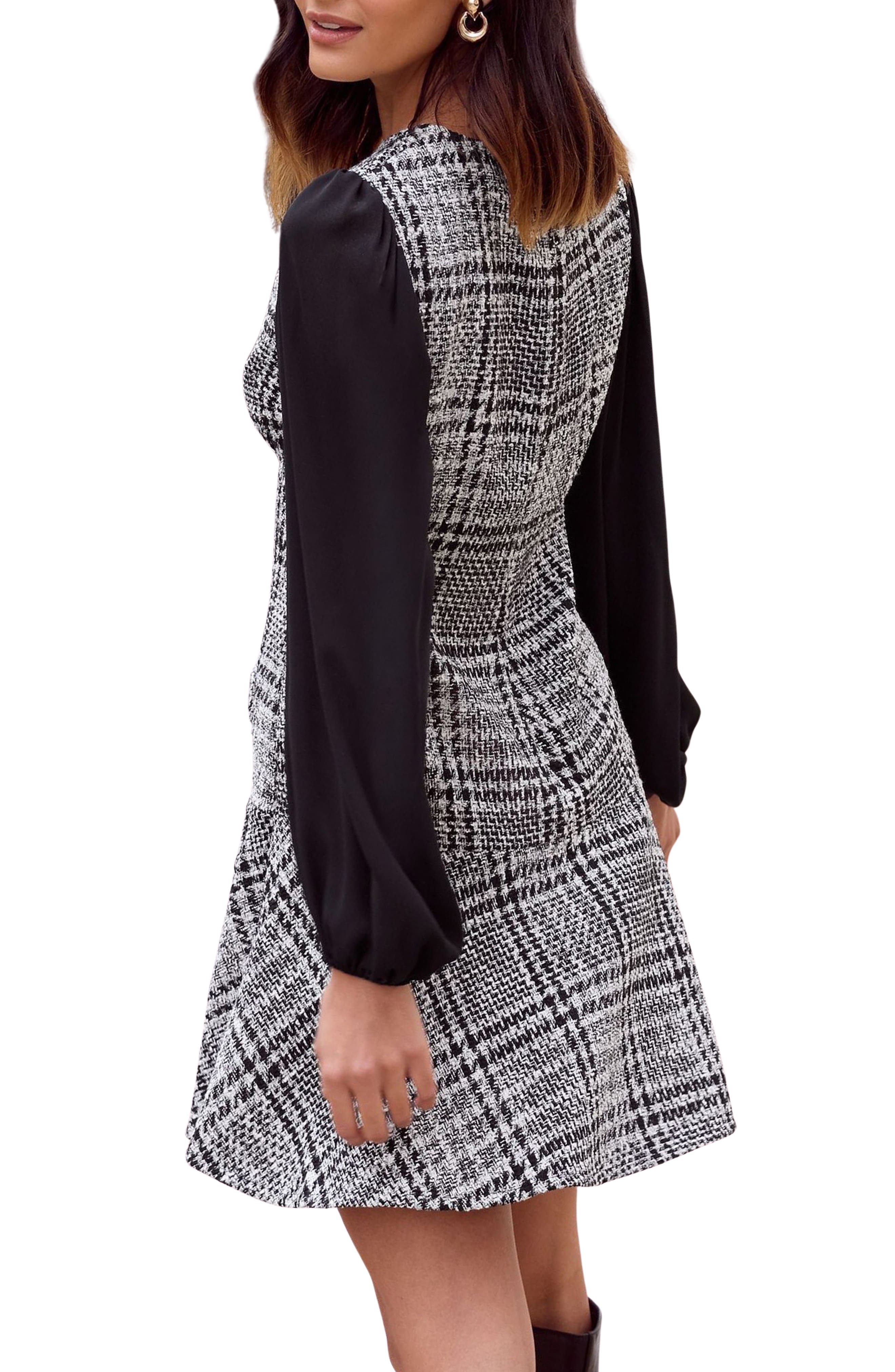 long sleeve boucle dress MissPap Women's Boucle Feather Trim A-Line Mini Dress in White