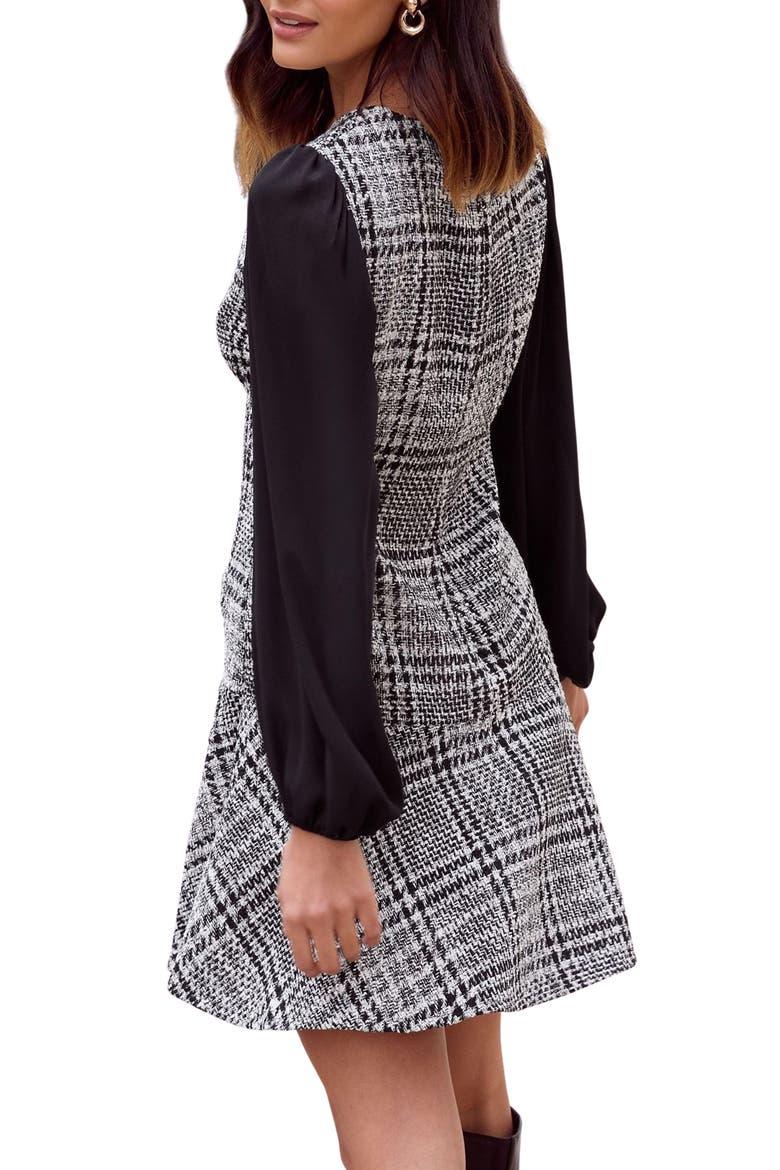 Check Long Sleeve Bouclé Minidress, Alternate, color, BLACK WHITE MULTI