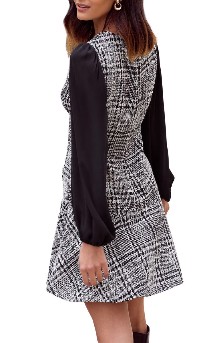 Friends Like These Check Long Sleeve Bouclé Minidress, Alternate, color, Black White Multi
