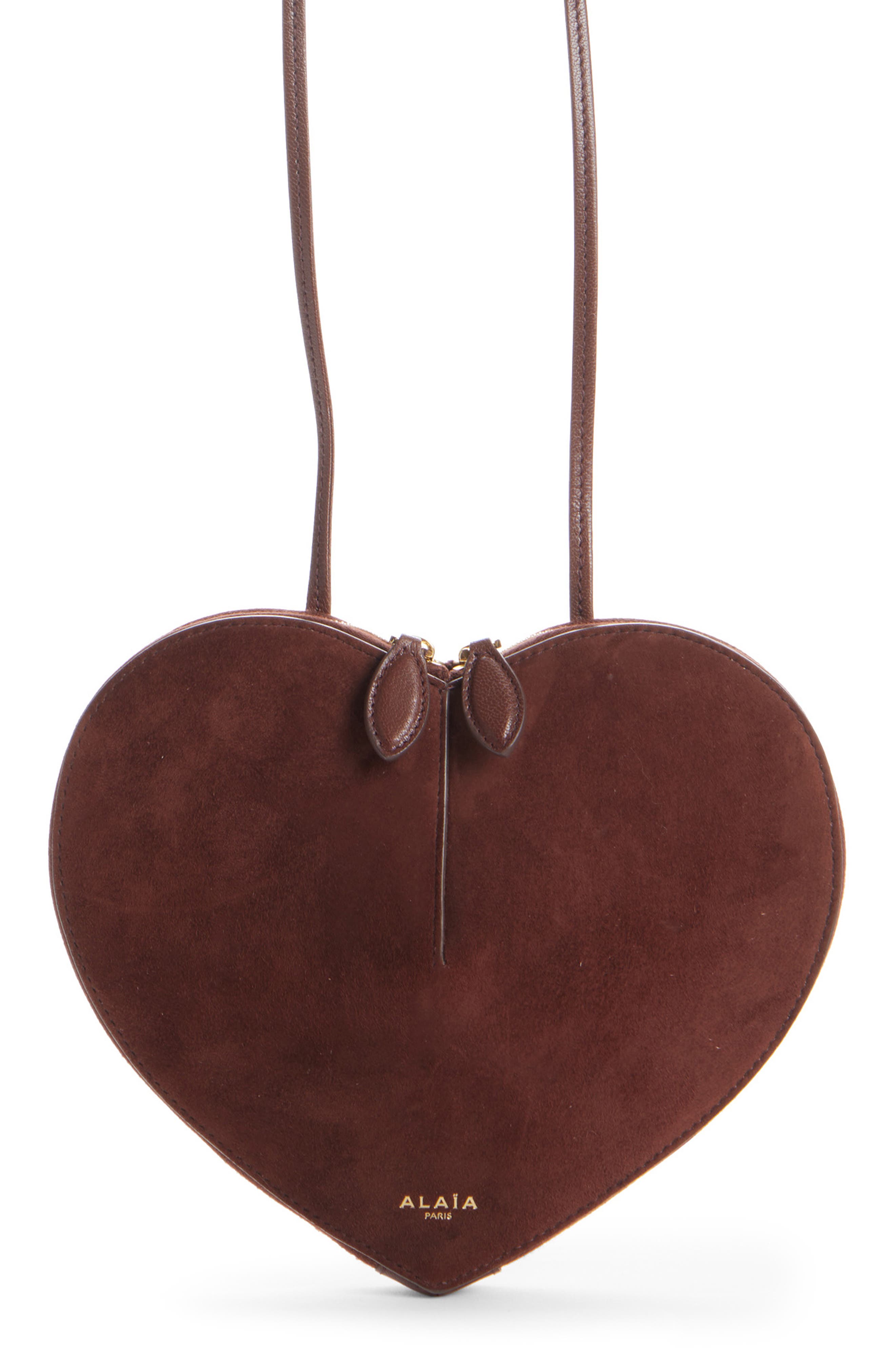 Alaïa Le Coeur Suede Crossbody Bag, Main, color, Brun
