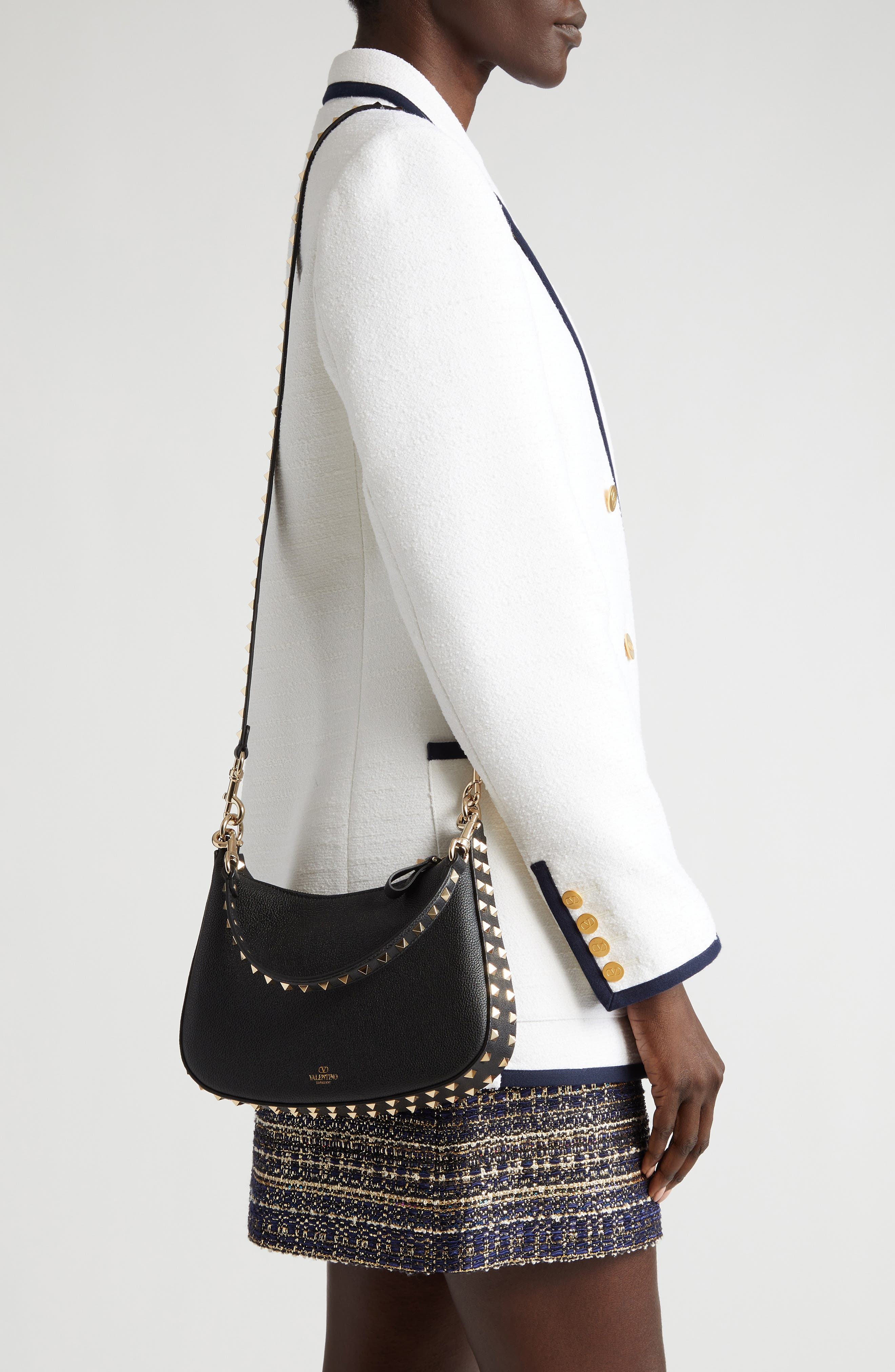 Valentino Garavani Small Rockstud Leather Hobo Bag, Alternate, color, 