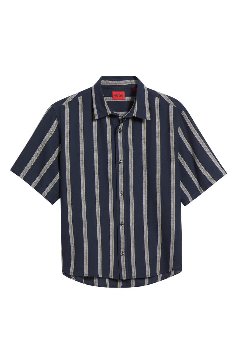 HUGO Eralino Loose Fit Stripe Short Sleeve Cotton Blend Button-Up Shirt, Alternate, color, Dark Blue
