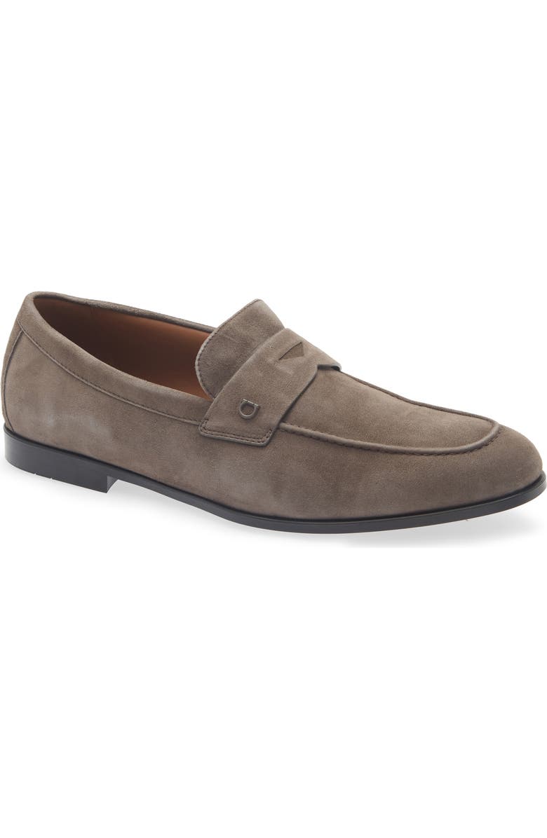 FERRAGAMO Tiberio Suede Penny Loafer, Main, color, Elefante Nutmeg
