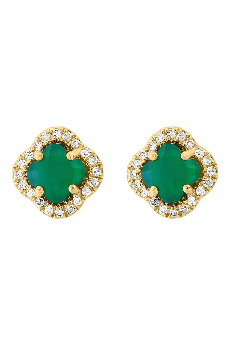 14K Yellow Gold Green Onyx & Diamond Halo Quatrefoil Stud Earrings - 0.10ct., Main, color, GREEN