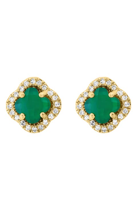 14K Yellow Gold Green Onyx & Diamond Halo Quatrefoil Stud Earrings - 0.10ct.