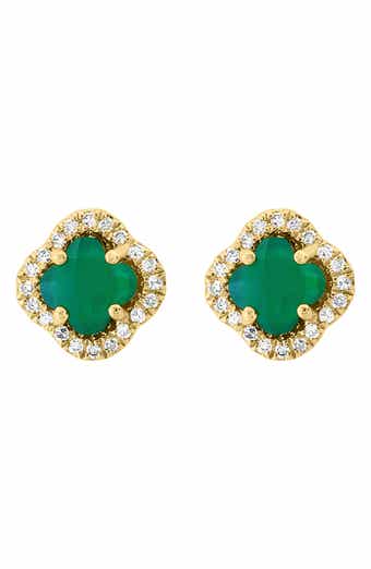 EFFY 14K Yellow Gold Green Onyx & Diamond Halo Quatrefoil Stud Earrings - 0.10ct.