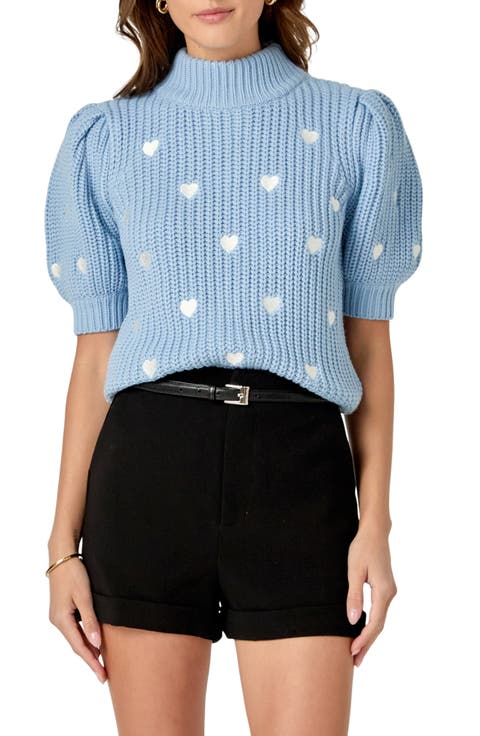 Heart Embroidered Puff Sleeve Sweater
