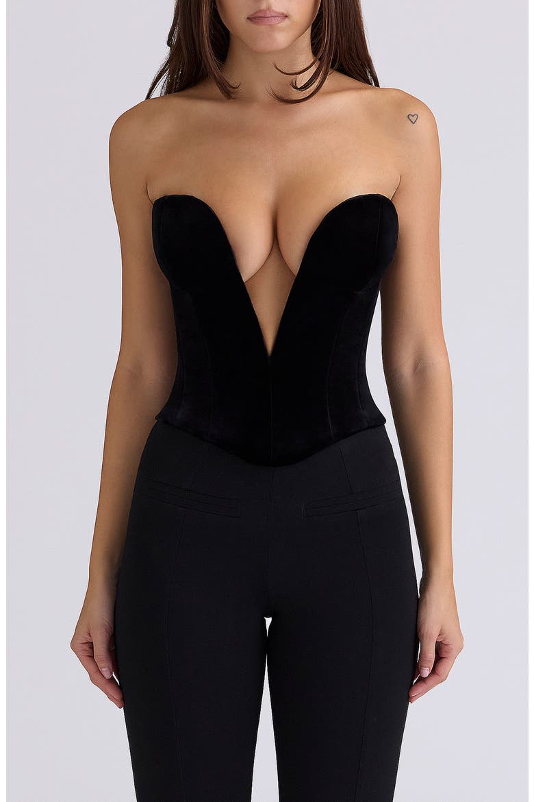 Vienne Plunge Neck Stretch Velvet Corset, Main, color, BLACK