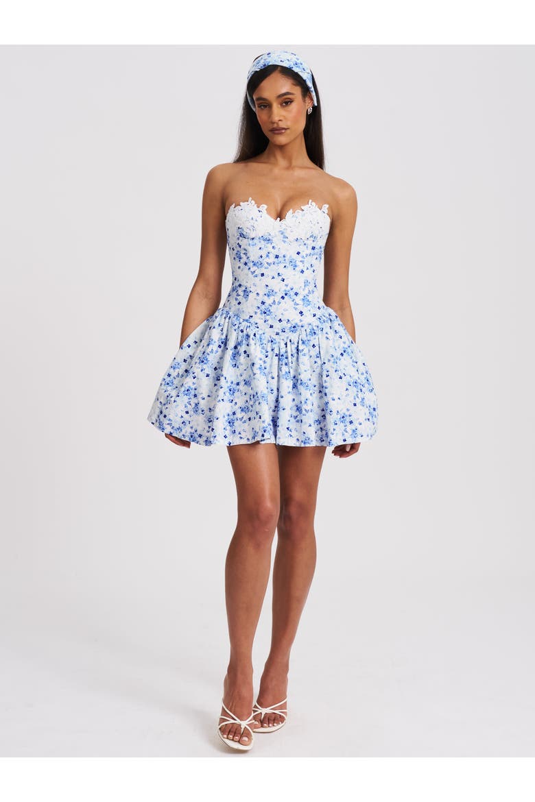 Taleah Floral Print Linen Mini Dress with Lace Trim, Alternate, color, Blue Floral Print