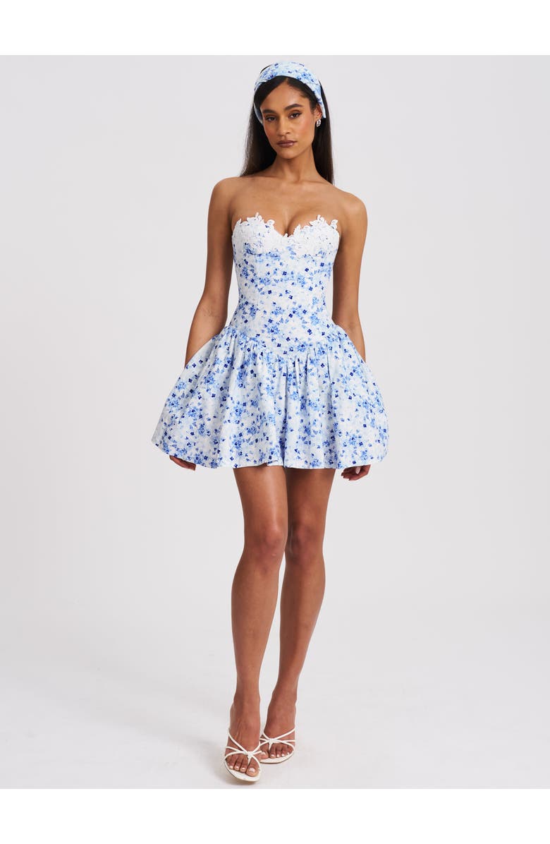 Miss Circle Taleah Floral Print Linen Mini Dress with Lace Trim, Alternate, color, Blue Floral Print