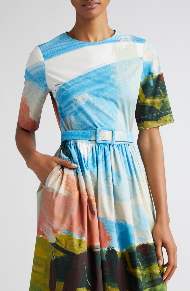 Oscar de la Renta Landscape Print Belted Stretch Cotton Midi Dress, Alternate, color,