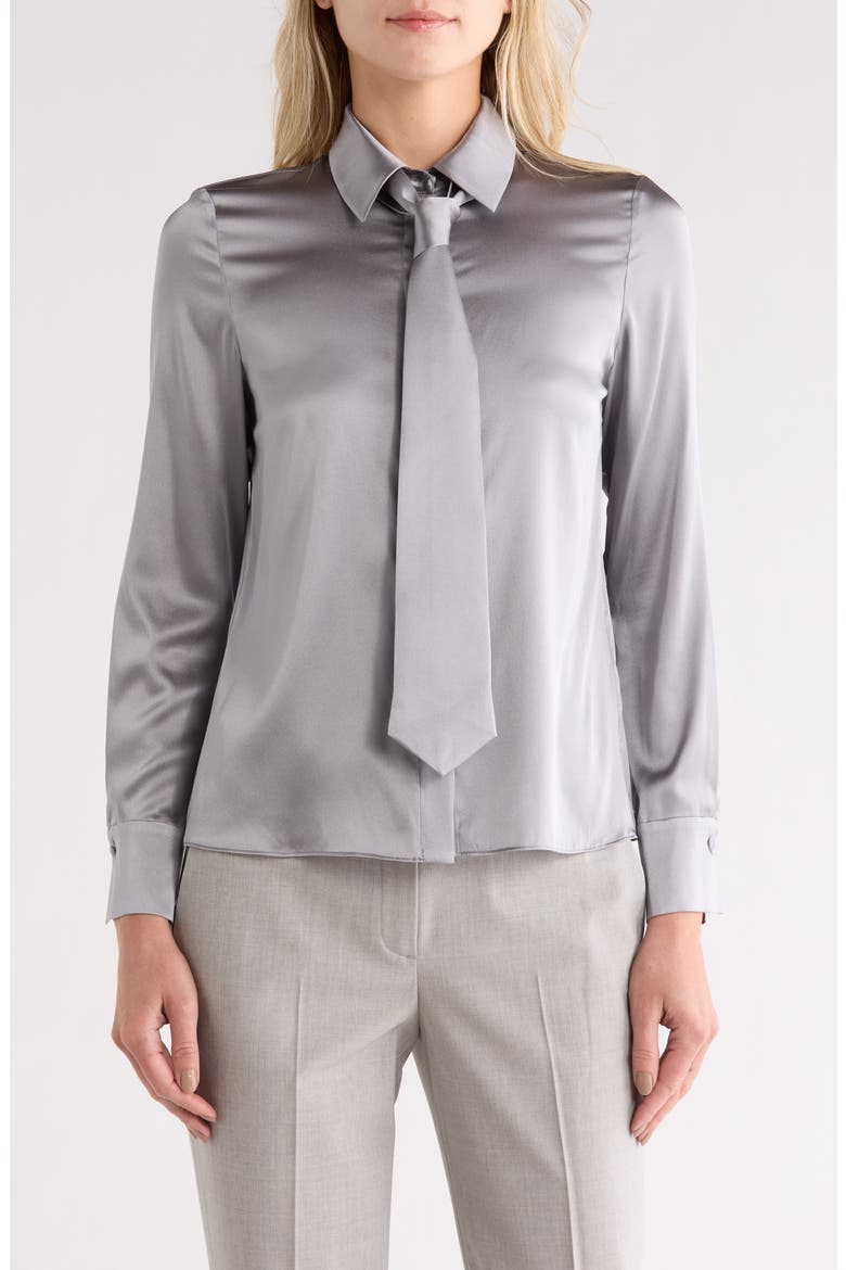 Brady Slim Fit Stretch Silk Button-Up Shirt with Tie, Main, color, STORM GREY
