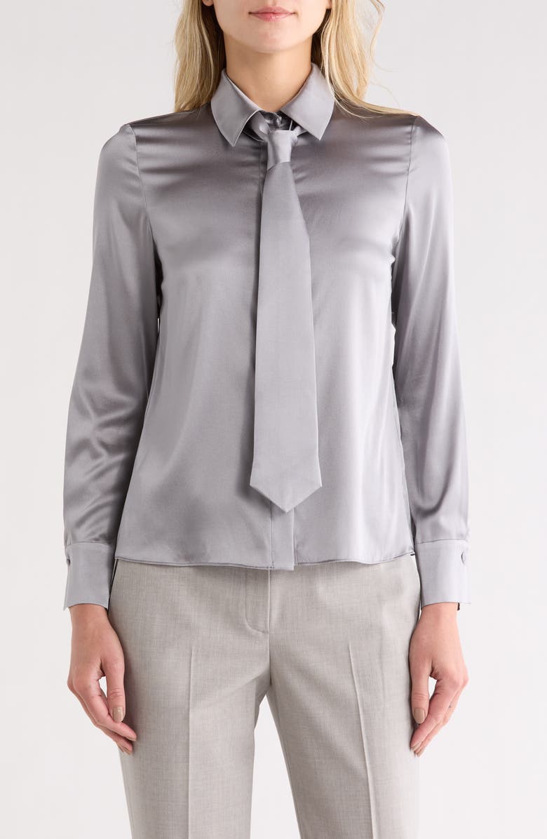 Alice + Olivia Brady Slim Fit Stretch Silk Button-Up Shirt with Tie, Main, color, Storm Grey
