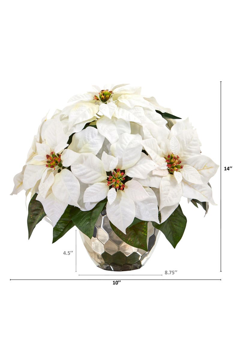 NEARLY NATURAL 14-in Poinsettia Artificial Arrangement in Designer Silver Bowl, Alternate, color, White