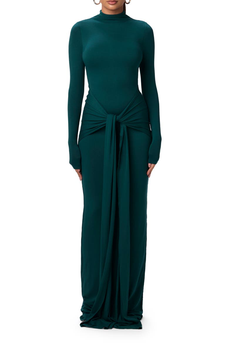 Naked Wardrobe Tie Front Long Sleeve Maxi Dress, Main, color, Deep Teal