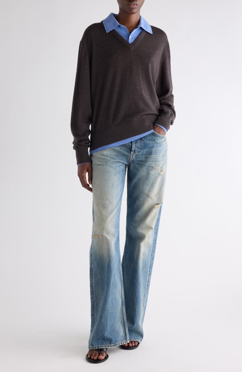 Acne Studios Layered Wool Polo Sweater, Alternate, color, Brown/ Blue