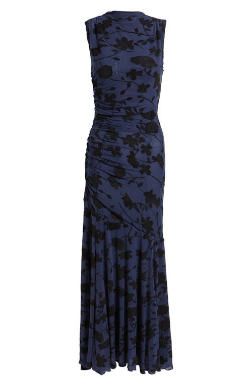 Rails Cosmos Floral Print Ruched Mesh Maxi Dress In Blue
