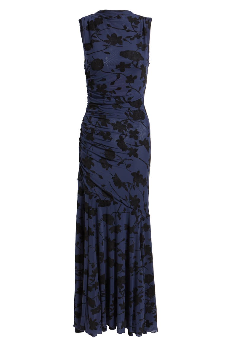 blue mesh oriental print ruched bodycon dress Body Contour Mesh Floral Ruched Side Slit Midi Dress
