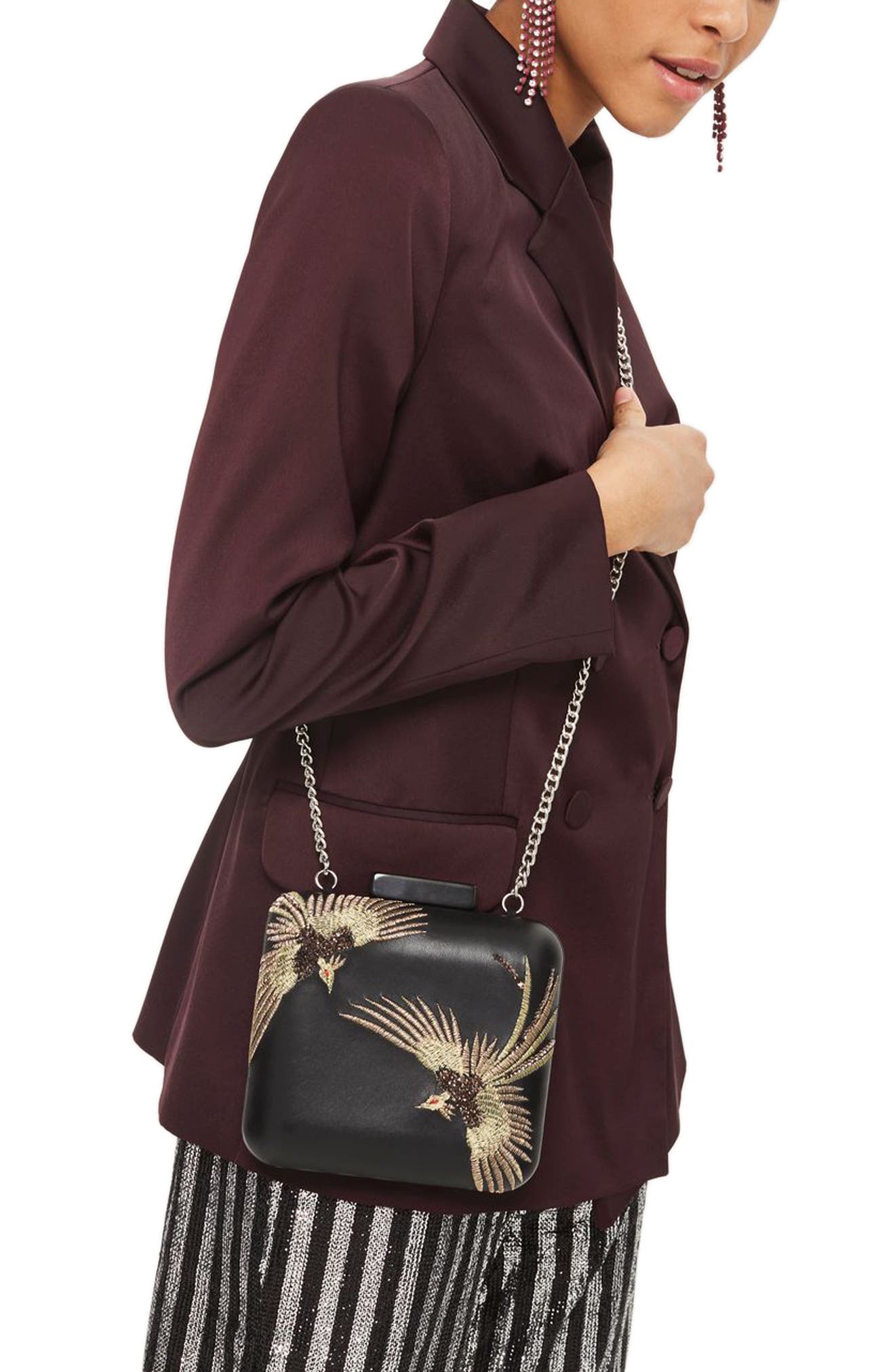 Topshop Embroidered Bird Boxy Leather Crossbody Bag, Alternate, color, 