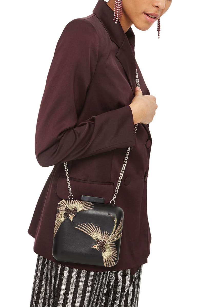 Topshop Embroidered Bird Boxy Leather Crossbody Bag, Alternate, color,