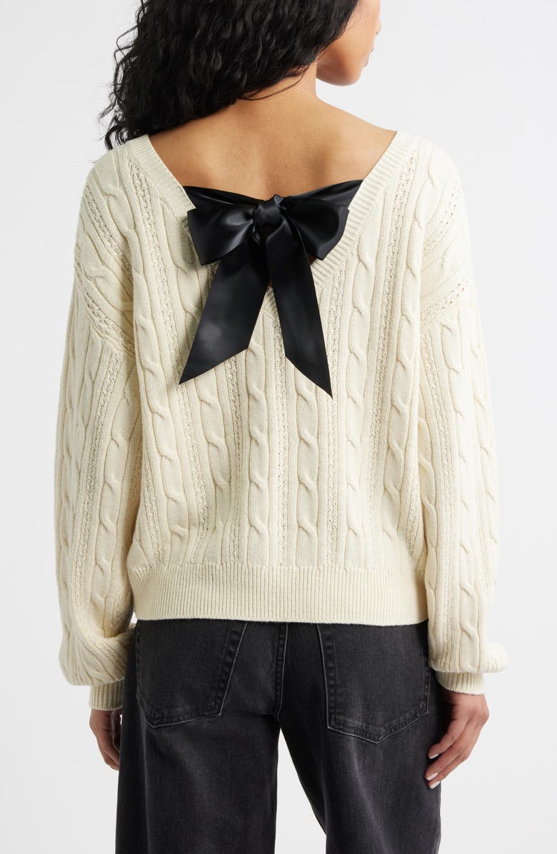 BP. Bow Back Cable Knit Sweater, Alternate, color, Ivory- Black Satin Bow
