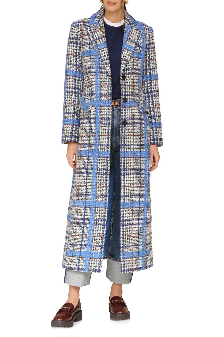 Plaid Tweed Long Coat, Alternate, color, GREY/ BLUE PLAID