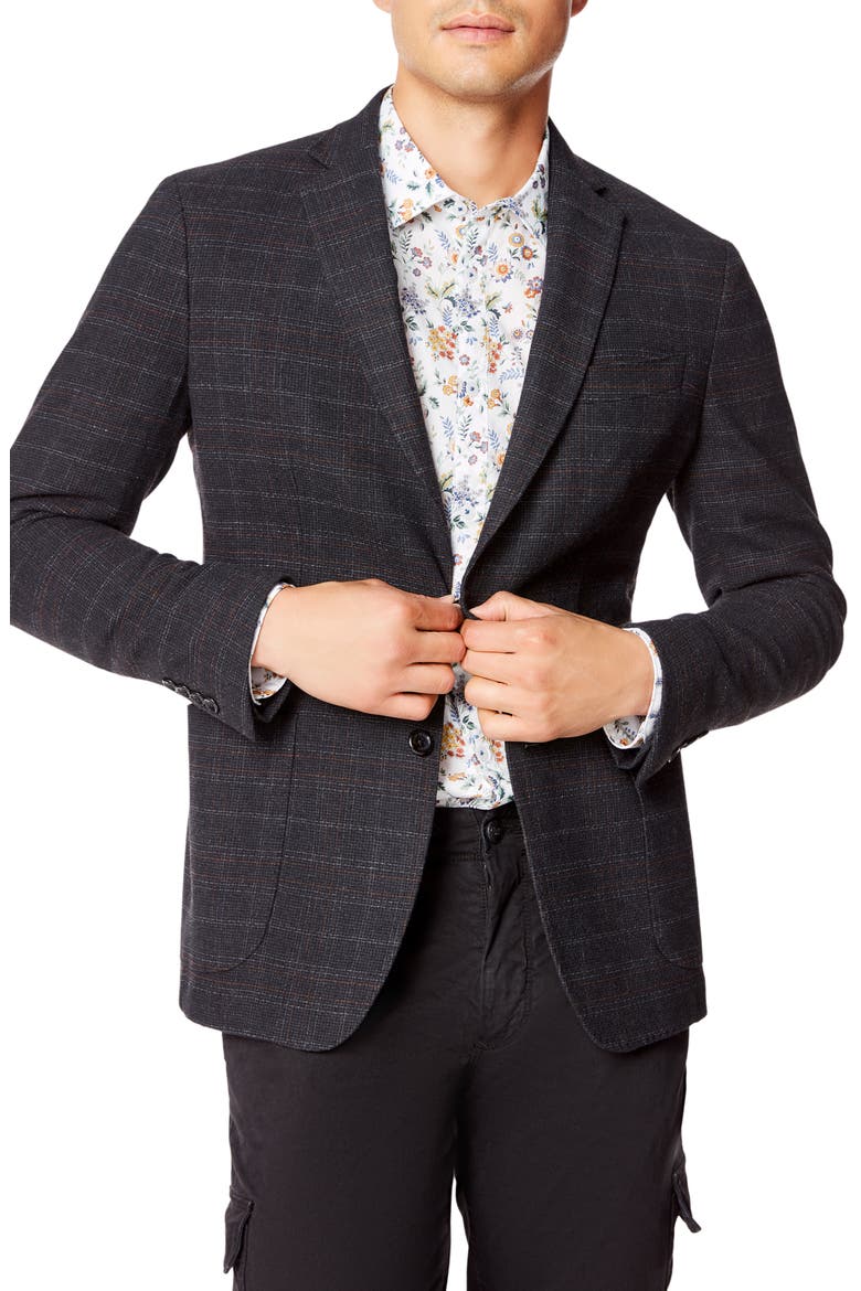Slim Fit Plaid Knit Wool Blend Sport Coat, Main, color, BLACK