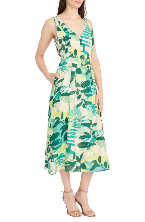 Maggy London Botanical Print Belted A-line Dress In Green