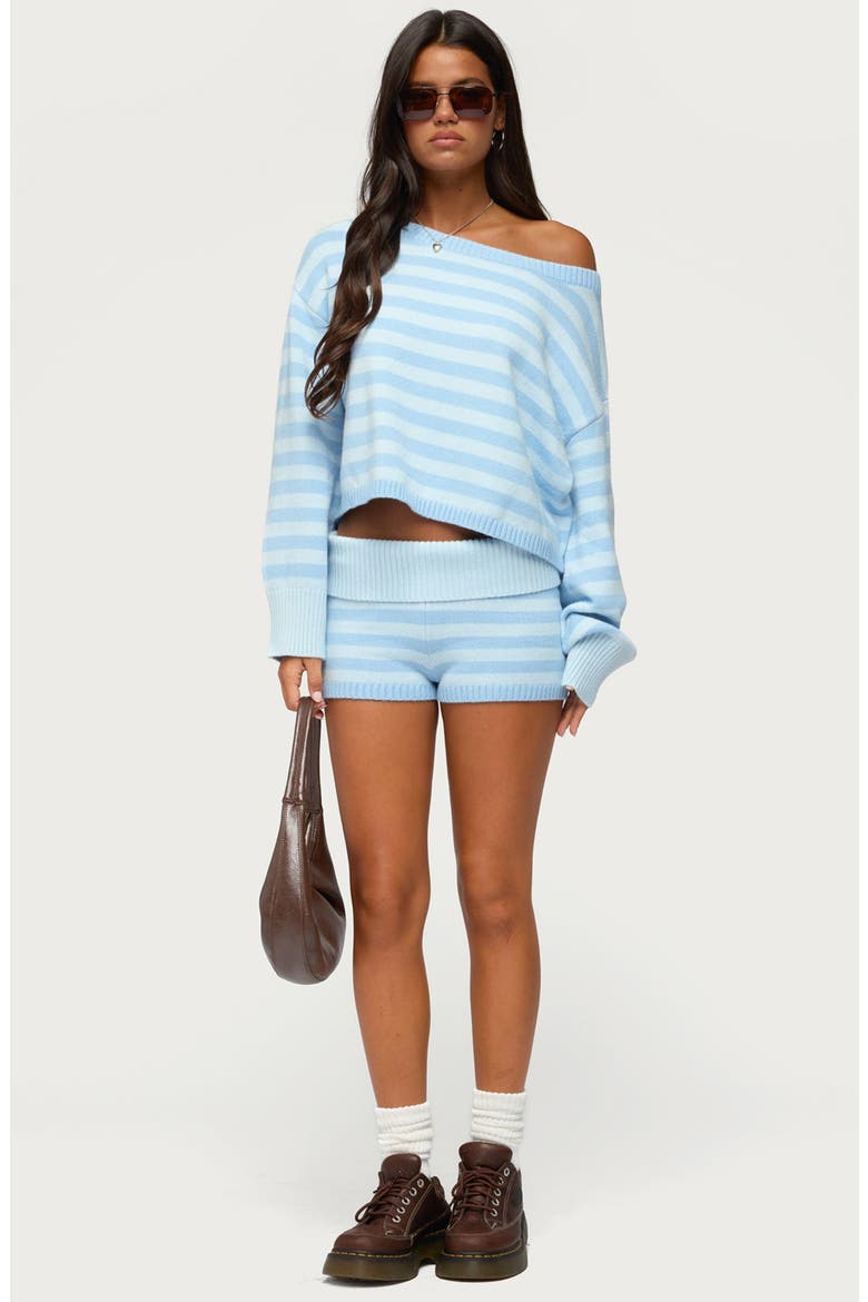 Saphi Stripe Foldover Waist Knit Shorts, Alternate, color, LIGHT-BLUE